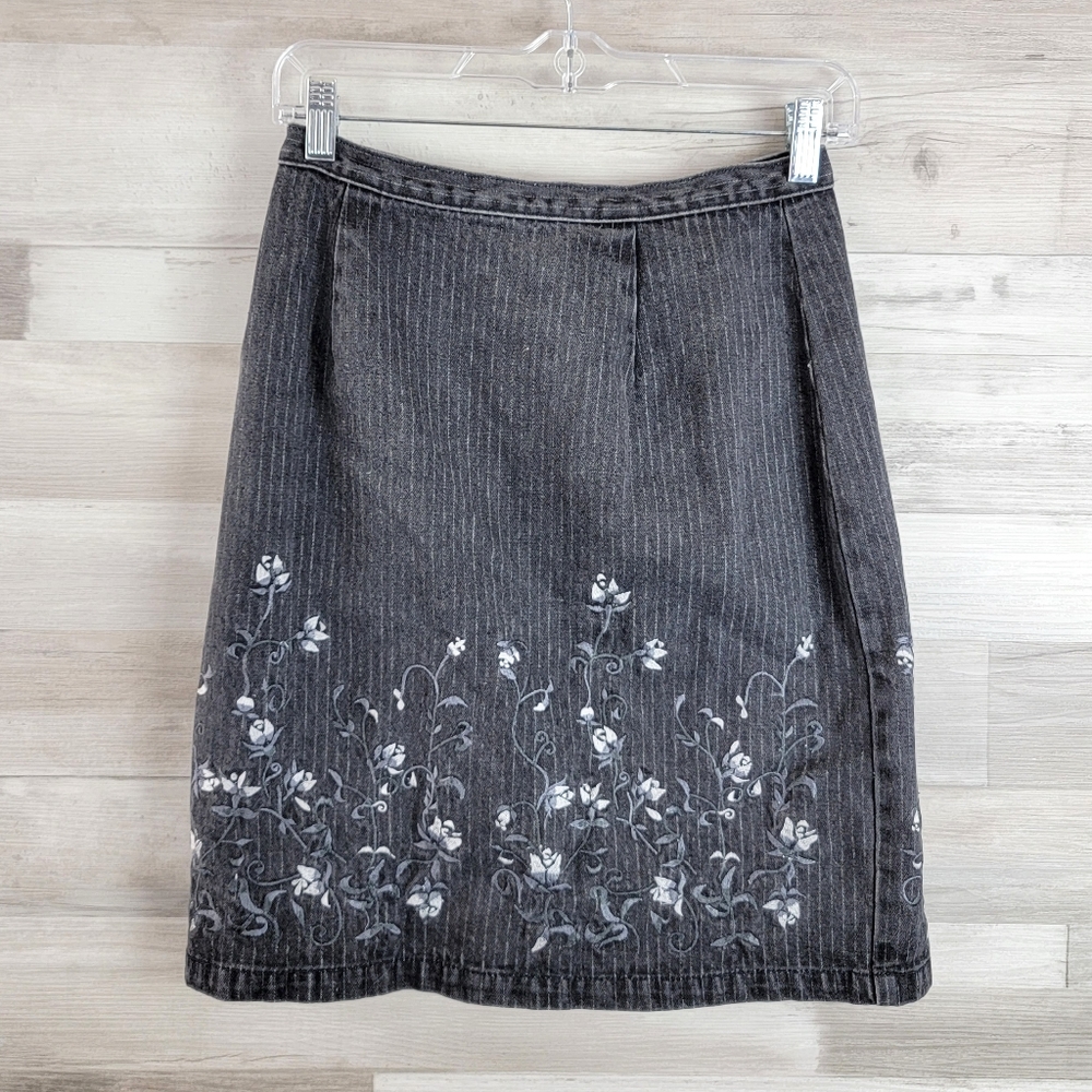Vintage Style Works Denim Floral Embroidered Midi Skirt Coat Set Women's Size 6 - Picture 9 of 16